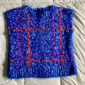 Vtg Handknit Mohair Sweater Vest Top Jumbo Tartan Plaid Womens M Blue Red Mod